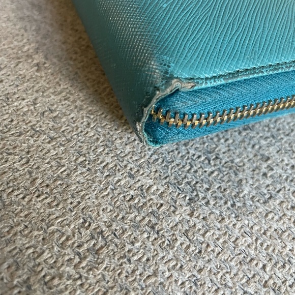 PRADA: Teal Blue Leather & Heritage Gold Logo Long Ziparound Wallet - Picture 5 of 11